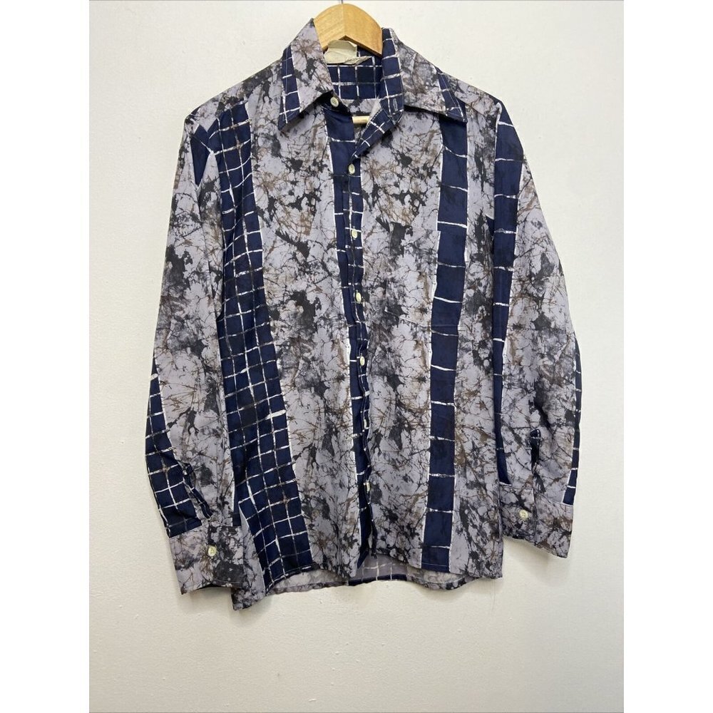 Vintage Cortez 70s Disco Button Shirt Men S Hipster Gray Blue Hipster Preppy